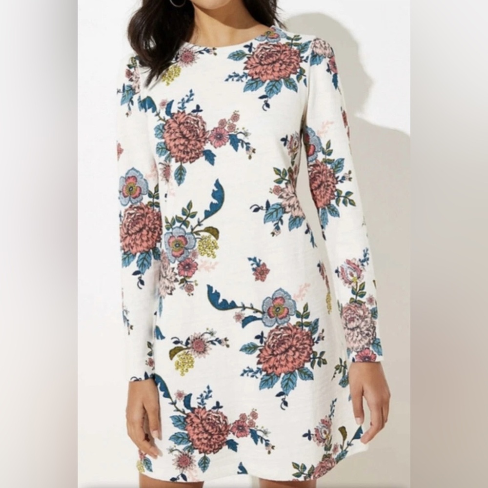 LOFT Floral Long Sleeve Dress - Cream, Pink, Blue